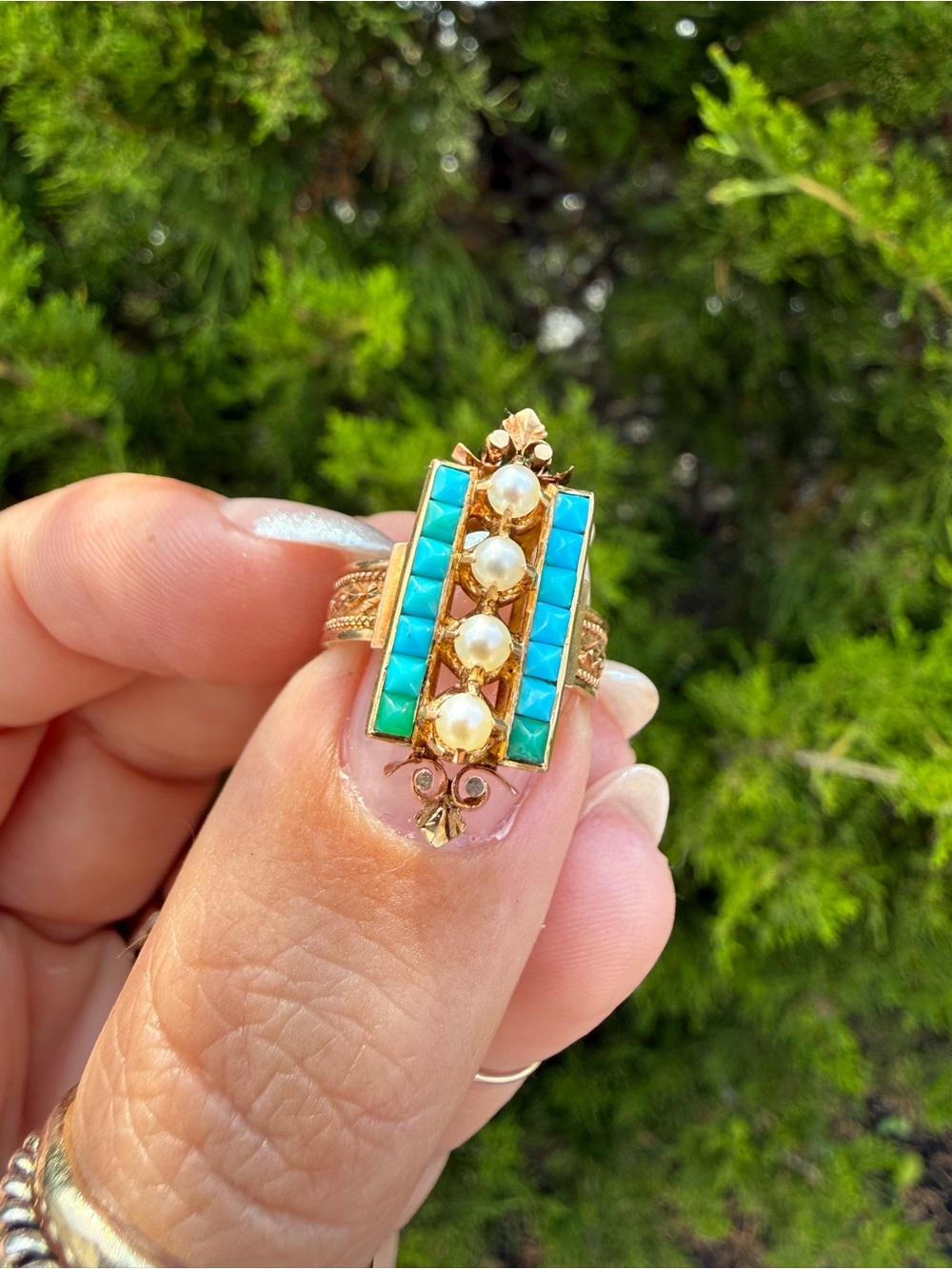 Vintage Turquoise & Pearl Gold Ring